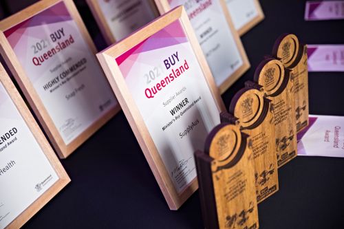 2021 Buy Queensland Supplier Awards trophies