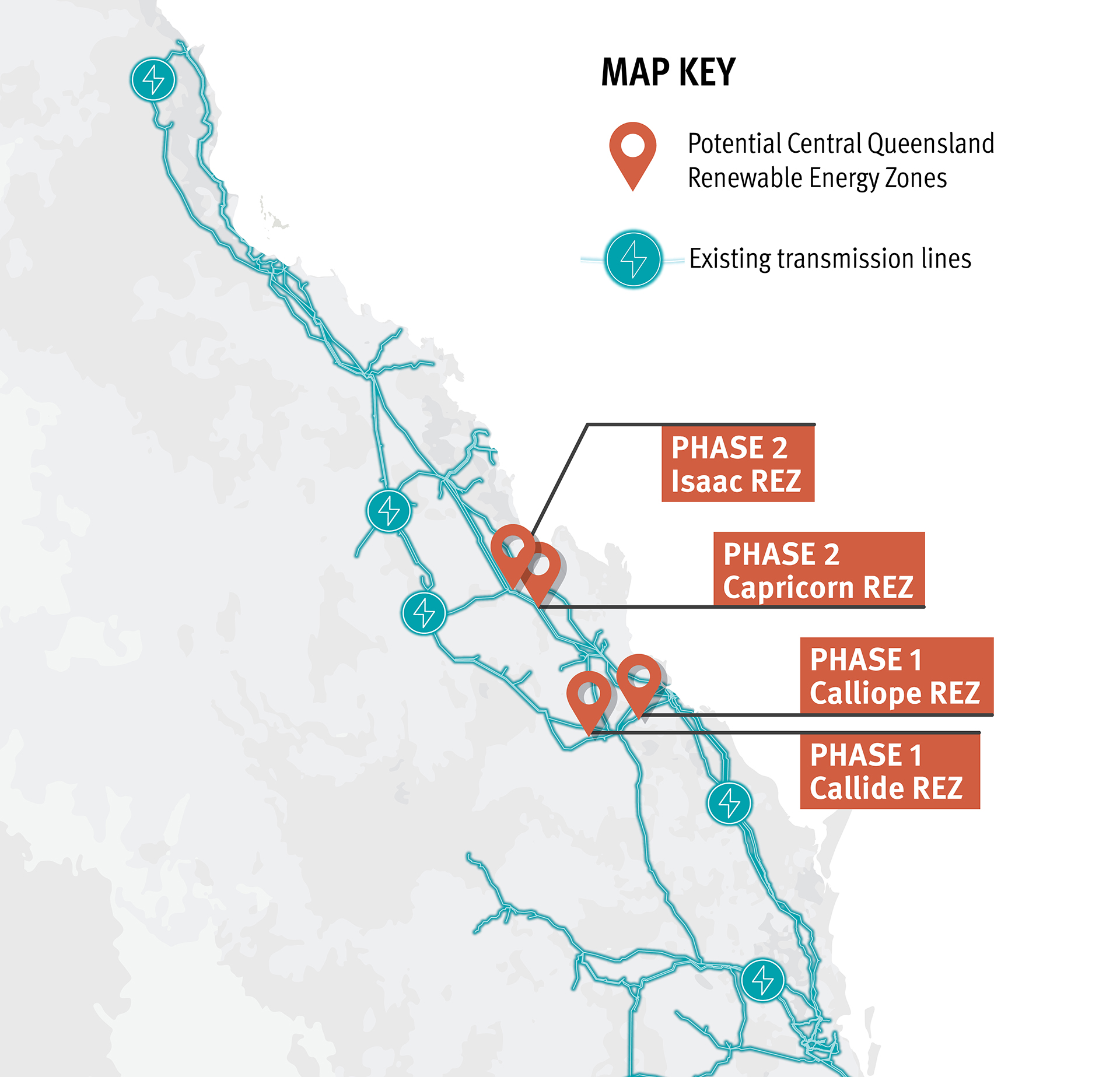 A map of central Queensland that uses a pin icon to show locations for four potential renewable energy zones known as REZs