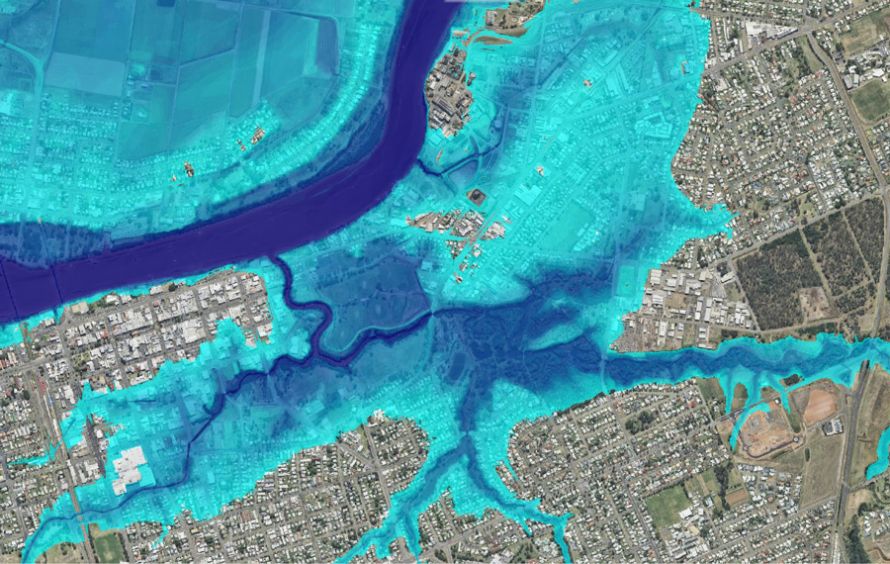 Map showing computer-generated flood water across parts of Bundaberg North, East, South and CBD